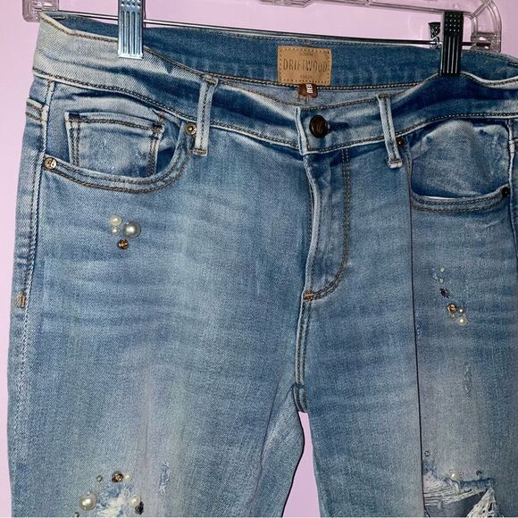 Driftwood Beau Skinny Jeans Size 26 Pearl Studded Light Wash Distressed - Picture 2 of 9